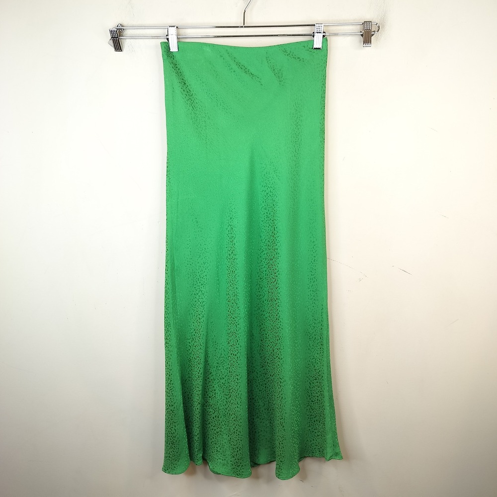 LOFT Maxi Skirt Small Green Satin Spotted Slip Elastic Waist Bias
